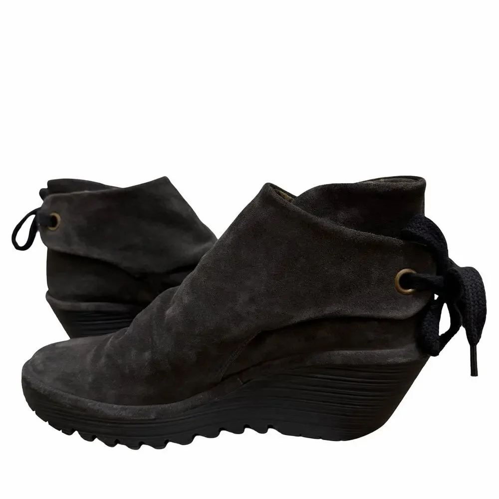 Fly London Womens Yebi Suede Ruched Wedge‎ Ankle Boots EU 41 US 10 Charcoal MINT